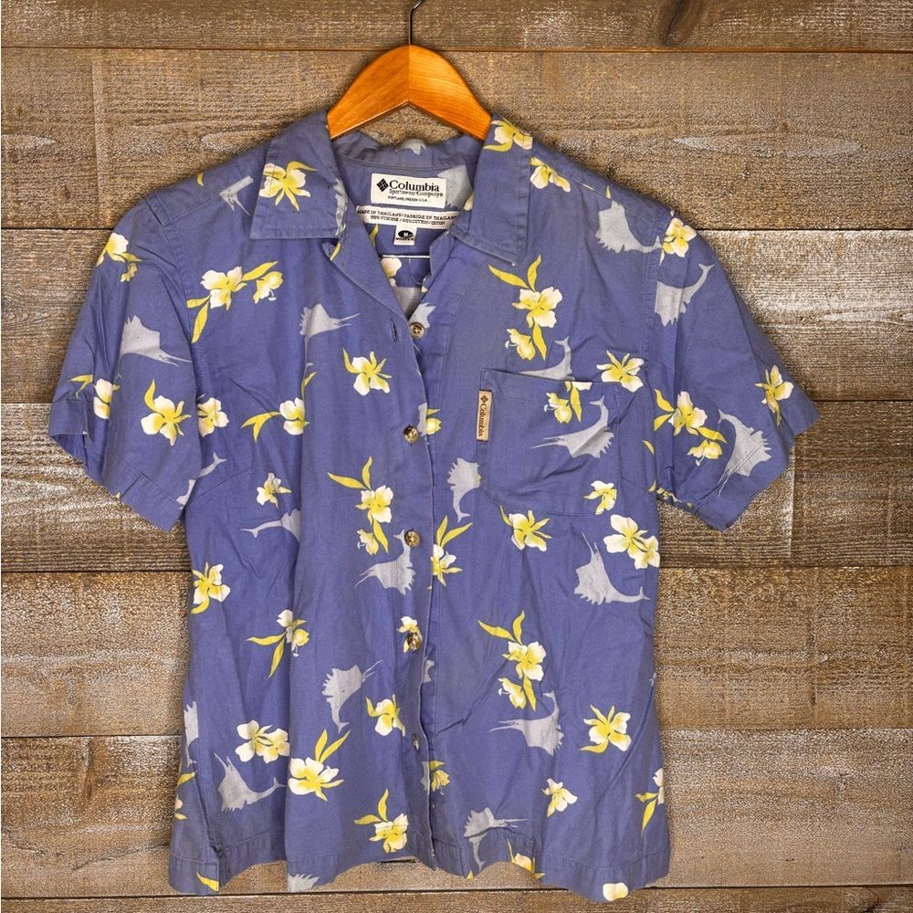 Columbia 90s womens M blue tropical vacation Floral button up short sleeve Shirt